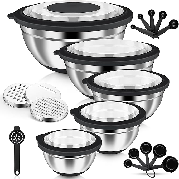 HaWare Mixing Bowls, 24-Piece Stainless Steel Salad Serving Bowl with Airtight Clear Lids, Metal Nesting Bowl For Kitchen Cooking Prepping Storing with 3 Graters, 4.6/2.6/1.5/1/0.7 QT, Black