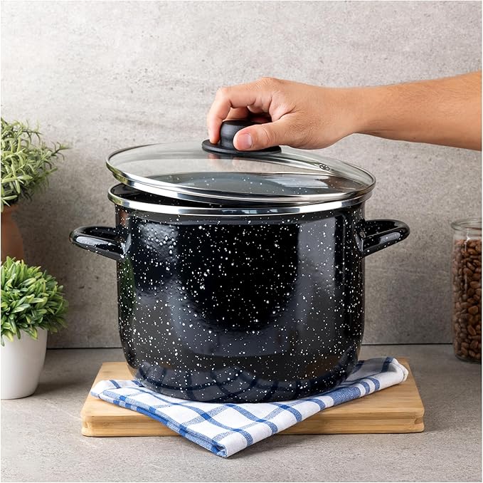 EKCO EOS 8-Quart Speckled Stockpot with Glass Lid (Black) Soup Pot for All Ranges, Dishwasher & Oven Safe up to 350°F - Non-Reactive Enameled Interior Pot for Gumbo, Stew, Boil, Pasta, Chili