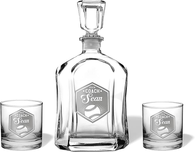 Baseball Coach Beer Glasses - Baseball Coach Gifts Personalized Coach Pint Glass Engraved Coach Award Baseball Beer Glass End of Season Gifts Coach (Baseball, Whiskey Decanter Set)