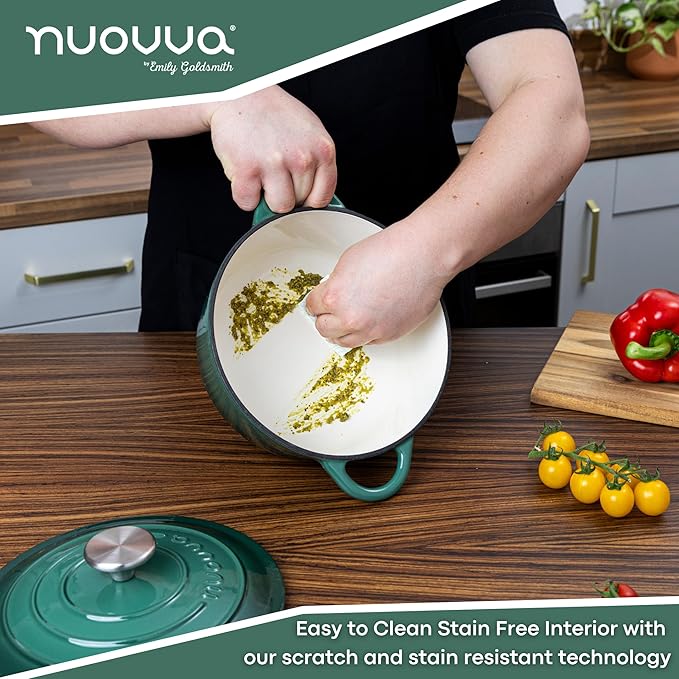 Cast Iron Dutch Oven with Lid – Non-Stick Ovenproof Enamelled Casserole Pot – Sturdy Dutch Oven Cookware – Dark Green, 5-Quart, 24cm – by Nuovva