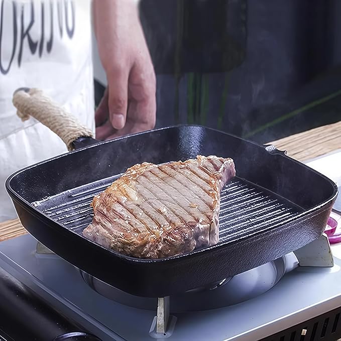 Cast Iron Grill Pan, 9.5 inch Square Grill Pan Skillet with Pour Spout, Cast Iron Griddle Pan with Small Meat Tong, Oil Brush & Hemp Rope for Stove Tops, Gas, Induction, Oven, Grill, Campfire