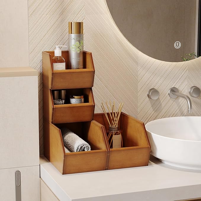 2 Set Bamboo Pantry Storage Bins Wood Stackable Baskets Potato and Onion Storage Bins Fruits Vegetable Bread Organization for Kitchen Counter