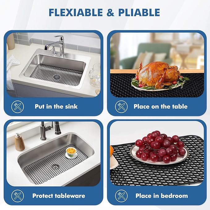 Silicone Sink Protectors for Kitchen Sink - 26"x 14" Kitchen Protector Accessory, Non-Slip Heat Resistan Mat for Bottom of Farmhouse Stainless Steel Porcelain, Dishwasher Safe (Black)