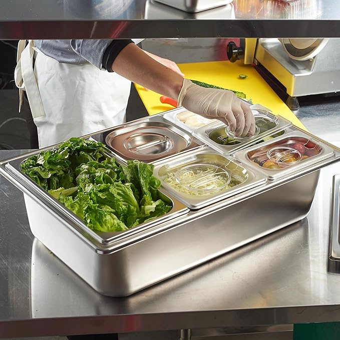 HECMAC Ice Chilled Condiment Serving Container (6 Pan), 2 Types of Lids, Drain Tray, 23 Gauge Anti-Jam Food Pan Commercial Heavy Duty Spice Rack Set, for Kitchen Buffet Catering