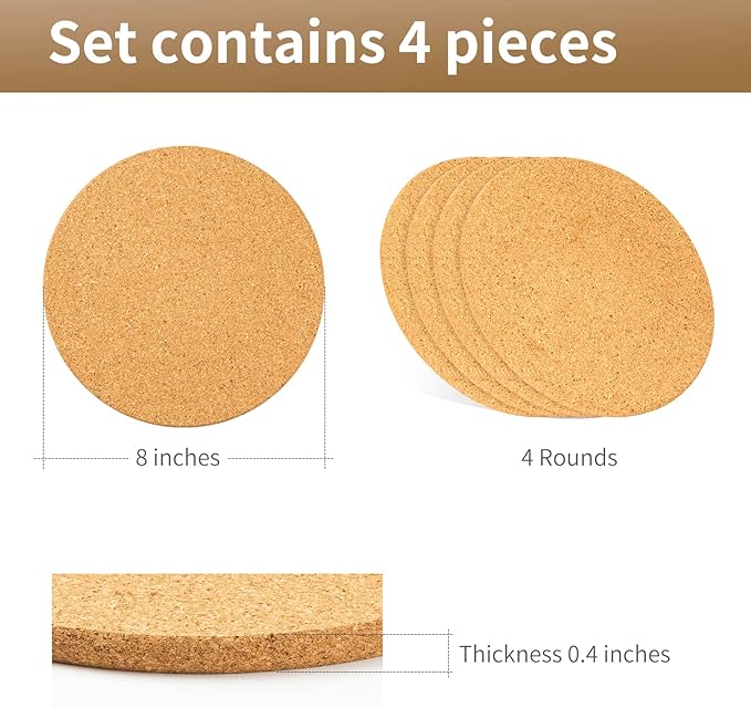 Cork Trivets for Hot Dishes, Pots and Pans, Pot Holders for Kitchen, 8 Inches 4 Pack Hot Pads, Thick Heat Resistant Mats Protect Countertop, Coaster Trivet Home Essentials, Rustic Farmhouse Decor