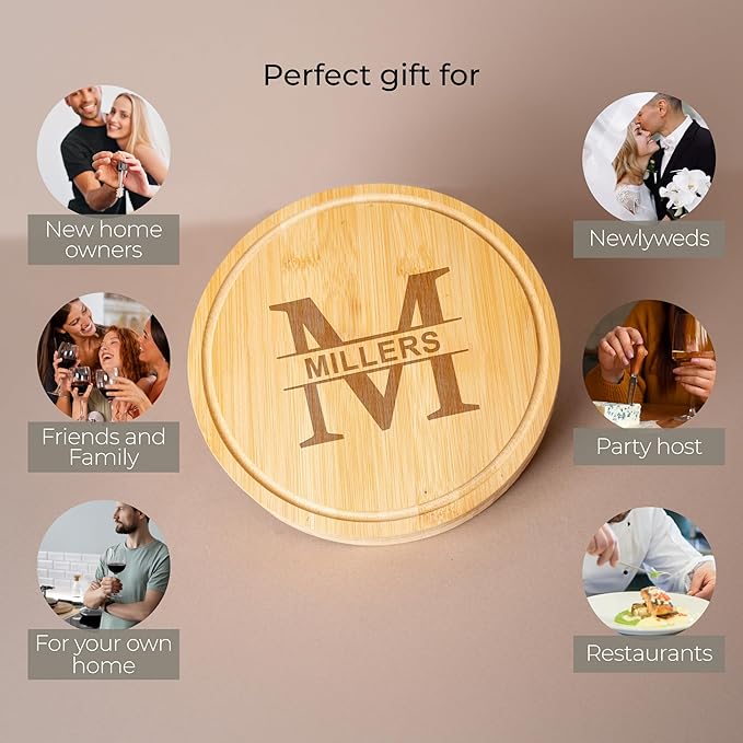 Custom engraved luxury charcuterie board & knife set/4pcs, personalized cheese chopping serving tray for fruits, food, dessert, bread for table decoration, personalized gift for dinner host (Monogram)