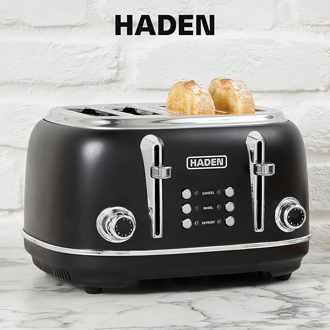 Haden Heritage 4 Slice Wide Slot Stainless Steel Toaster with Adjustable Browning Control & Non-Slip Feet, Black & Chrome