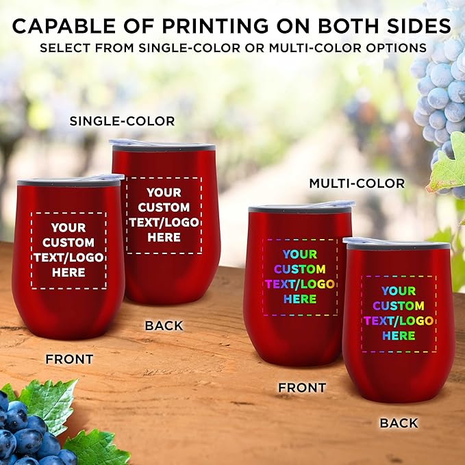 Custom Stemless Wine Tumblers 12 oz. Set of 24, Personalized Bulk Pack - Insulated, Perfect for Wine, Cocktails, Other Hot & Cold Beverages - Red