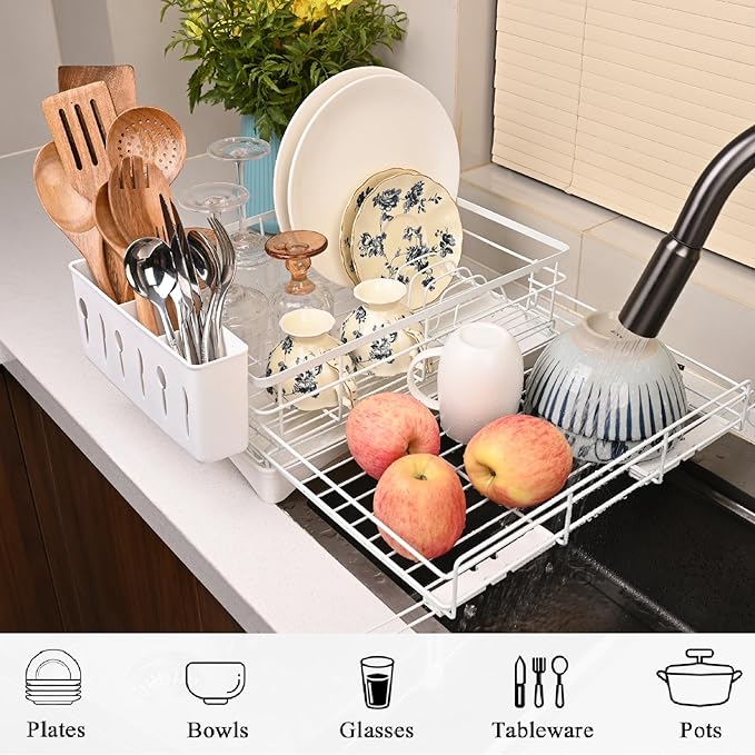Expandable Over Sink Dish Drying Rack – Foldable Stainless Steel Kitchen Organizer with Utensil Holder, Space-Saving & Rustproof (White)