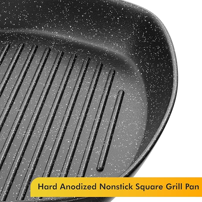 Nonstick Grill Pan, 9.5 Inch Large Grilling Skillet Steak Pan for Indoor Cooking, Steak & Bacon Pans for Stove Tops (9.5 in)