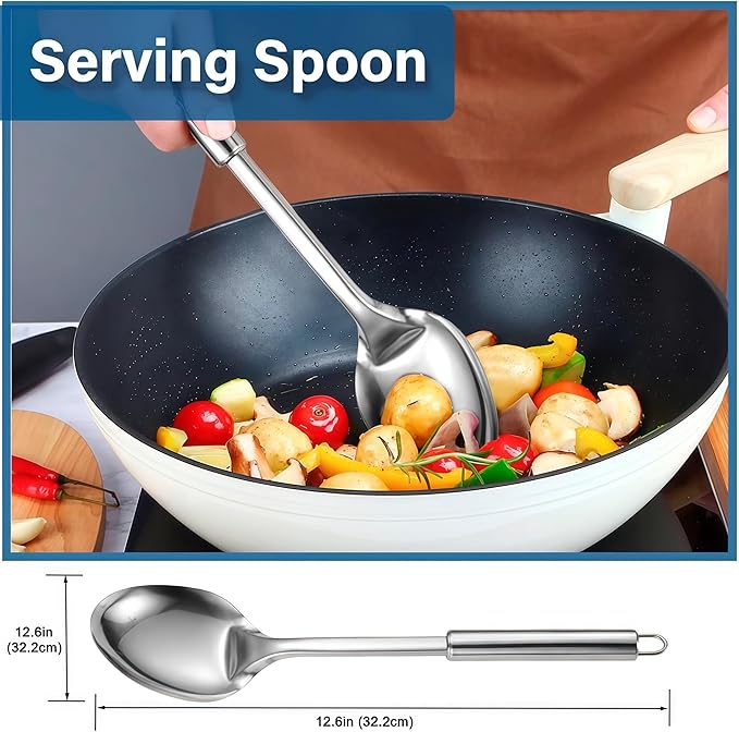 2 Pack Stainless Steel Serving Spoon, Heat Resistant Kitchen Noodle Spoon for Cooking, Serving, Mixing and Spaghetti