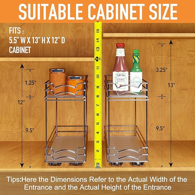 BBV Spice Rack Organizer, Double layer Seasoning Organizer for Cabinet Countertop, Kitchen, Pantry, Sliding Metal Chrome Spice Organization (5 inch)
