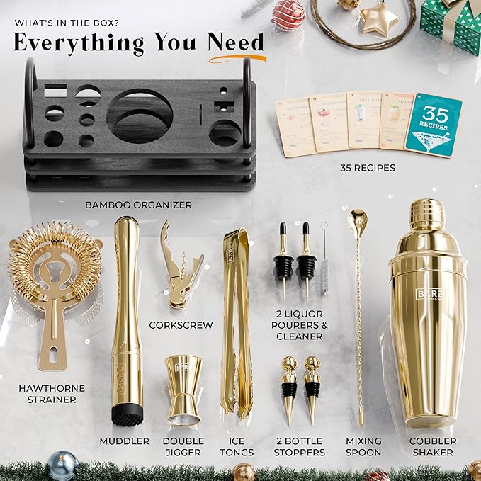 BARE BARREL® Mixology Bartender Kit Bar Set | 14-Piece Cocktail Shaker Set | Martini Barware Mixing Tools for Home Bartending | 35 Recipe Cards | Gift Set (24oz Cobbler Shaker, Gold/Black)