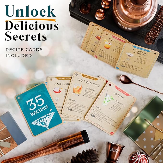 BARE BARREL® Mixology Bartender Kit Bar Set | 14-Piece Cocktail Shaker Set | Martini Barware Mixing Tools for Home Bartending | 35 Recipe Cards | Gift Set (24oz Cobbler Shaker, Copper/Black)