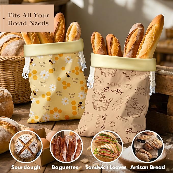 Aofmee Reusable Beeswax Bread Bags for Homemade Bread, 2 Pack Sourdough Bread Bags, XL Natural Cotton Beeswax Bag, Fresh Keeping Extra Large Bread Food Storage Bag for Gift Giving