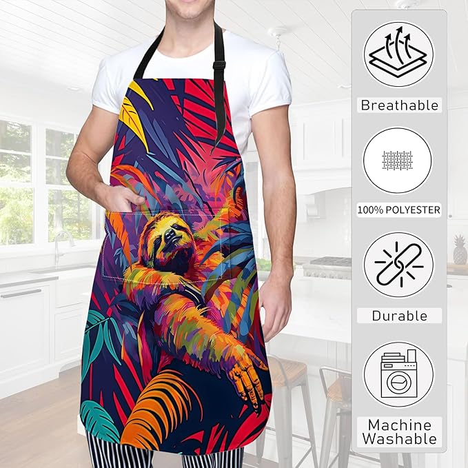 Colorful Sloth Apron,Oxford Fabric Adjustable Kitchen Apron with 2 Pockets,Waterproof Cooking Aprons for Men Women Mom Wife Dad,Ideal Gifts for Coffee,Shop,Baking,BBQ,Housewarming,28x33in