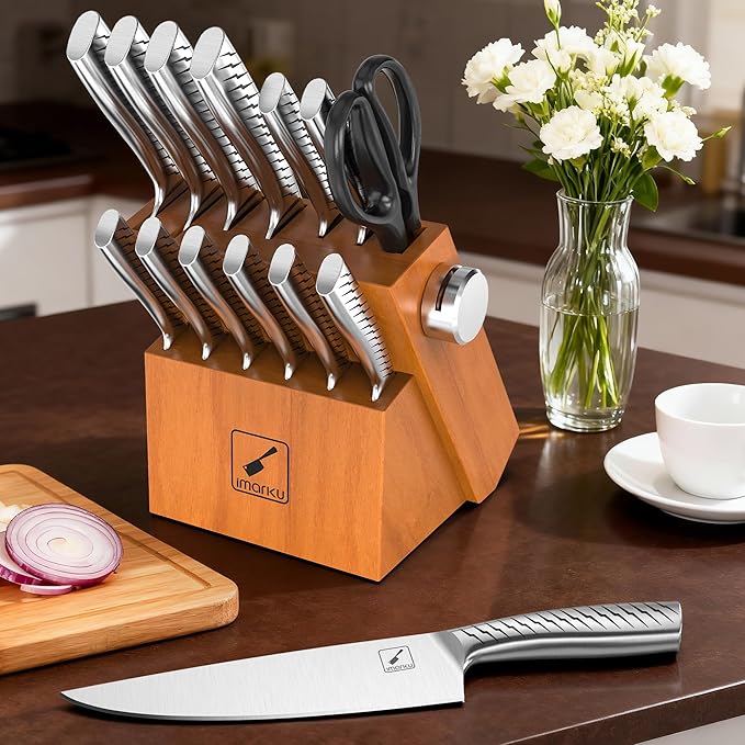 imarku 14-Piece Knife Set with Block, High Carbon Stainless Steel Kitchen Knives with Built-in Sharpener, Dishwasher Safe, Ergonomic Non-Slip Handle, Perfect for Home Cooks & Chefs, Brown