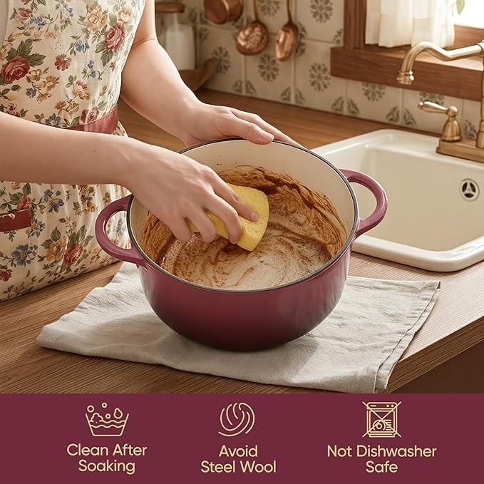 6 Quart Dutch Oven Pot with Lid, Non Stick Enameled Cast Iron Dutch Oven for Bread Baking, Heavy-Duty, Oven Safe Ceramic Cookware Up to 500°F for Baking, Braising, Stews, Roasting, Rose