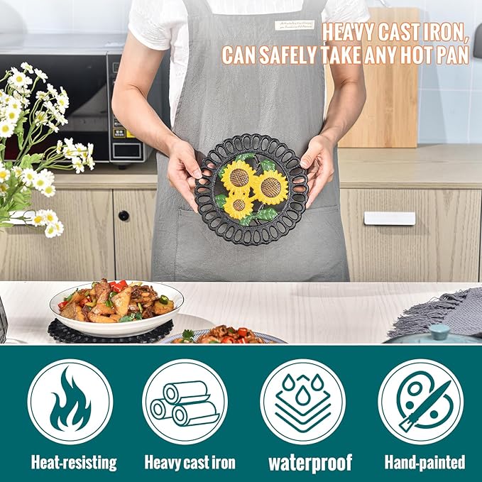 Sungmor Heavy Duty Cast Iron Trivet,Decorative Painting Trivet for Kitchen or Dinning Table,7.5x7.5 Inch - Round with Vintage Lovely Sunflower Pattern