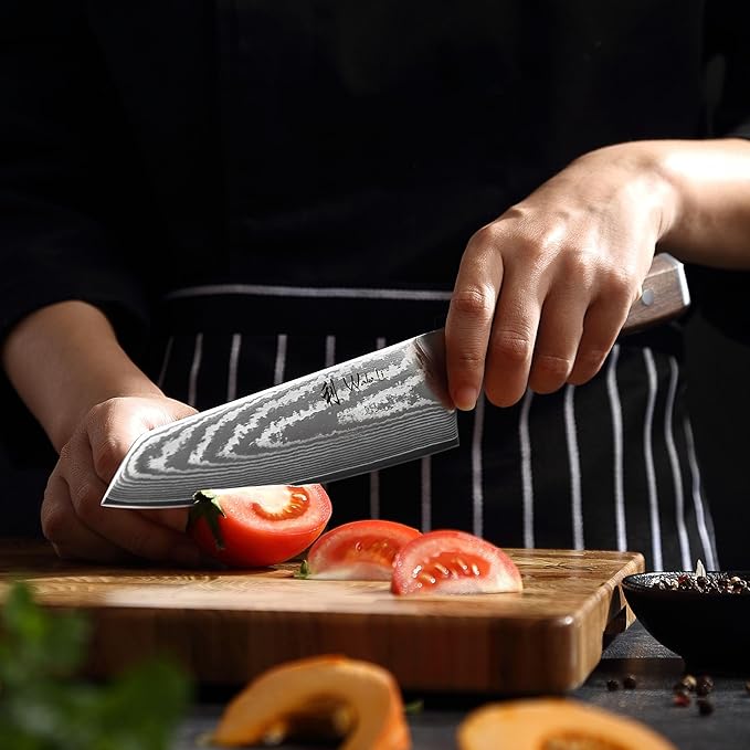 Wakoli HIK Damascus Kiritsuke Knife – Full Tang Chef Knife | 7-Inch Blade Made of 67-Layer Damascus Steel with VG10 Core | Walnut Wood Handle | Sharp, Durable, Gift Box Included