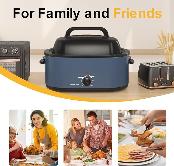22 Quart Roaster Oven with Viewing Self-Basting Lid, Large Electric Turkey Roaster Oven with Defrost & Warm Function, Adjustable Temperature, Removable Pan & Rack, Stainless Steel, Blue