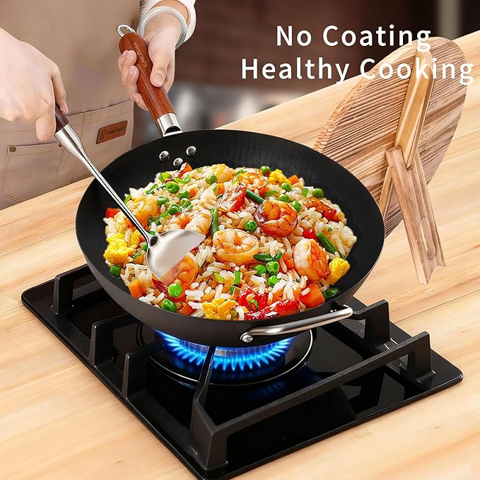 13.5" Carbon Steel Wok Pan with Wooden Lid Standable,Pre-Seasoned Flat Bottom Woks & Stir-fry Pans Chinese Cookware Compatible with Induction, Gas Pan-fry,Stir Fry, Steam, BBQ & Camping