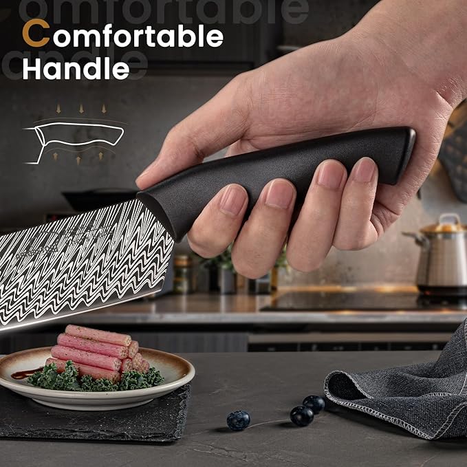 Knife Set, Amorston 15 Pieces Kitchen Knife Set with Built in Knife Sharpener, High Carbon German Stainless Steel Knife Block Set, Dishwasher Safe Knives Set, Black