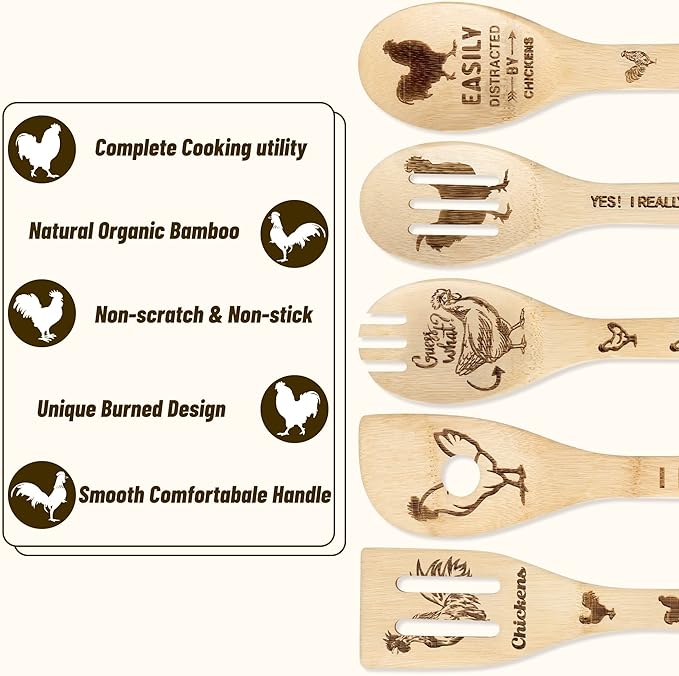 Eartim Wooden Cooking Spoon Utensil - 5Pcs Father's Day Chicken Rooster Kitchen Cooking Utensil Non-Stick Carve Burned Bamboo Spoon Set Slotted Spatula Cookware Kitchen Gadget Dad's Papa Birthday Gift