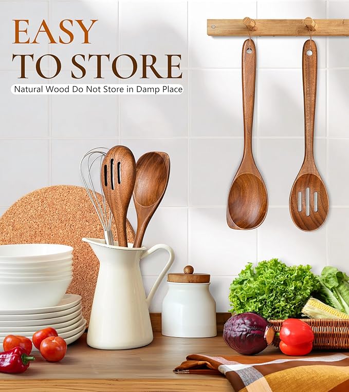 2Pcs Wooden Spoons for Cooking, Natural Premium Teak Wood Corner Spoon & Slotted Spoon, Good Grip Large Cooking Spoons Spatula, Heat Resistant Wooden Kitchen Cooking Utensils Set for Nonstick Cookware