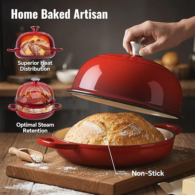 4.5 QT Dutch Oven for Bread Baking, Cast Iron Bread Oven for Sourdough, Enamelled Bread Dutch Oven with Lid, Heavy-Duty Non Stick Bread Pot, Red