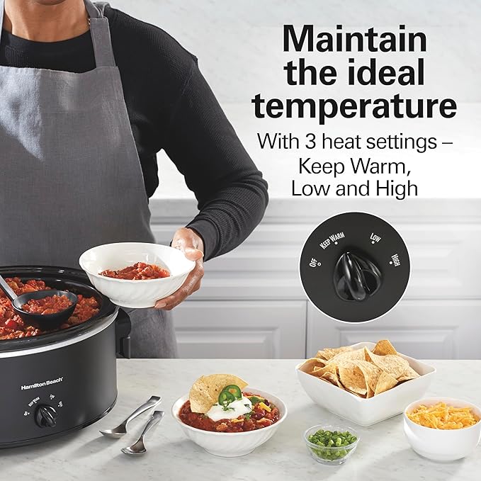 Hamilton Beach 6 Quart Slow Cooker with Space-Saving Folding Handles, 3 Heat Settings, Dishwasher Safe Stoneware Crock and Glass Lid, Black (33664)
