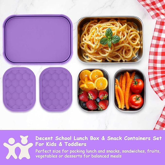 Homikit 3 Pack Kids Lunch Box Set, 18/10 Stainless Steel Bento Boxes with Silicone Lids Leak Proof, 5 Cups Reusable Metal Food Snack Containers for School Daycare, Nontoxic & Dishwasher Safe, Purple