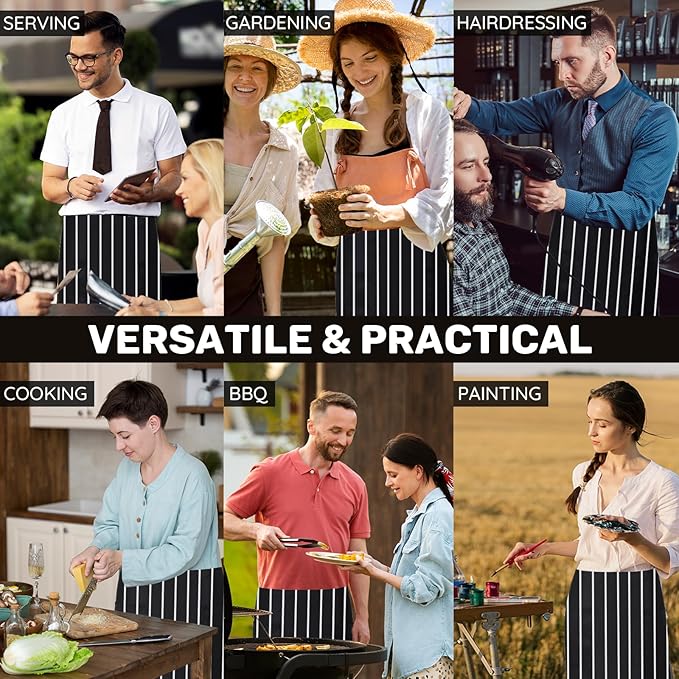 3 Pack Waist Apron with 3 Pockets, Unisex Black Waiter Aprons, Water Resistant Server Aprons for Restaurant Chef Bar