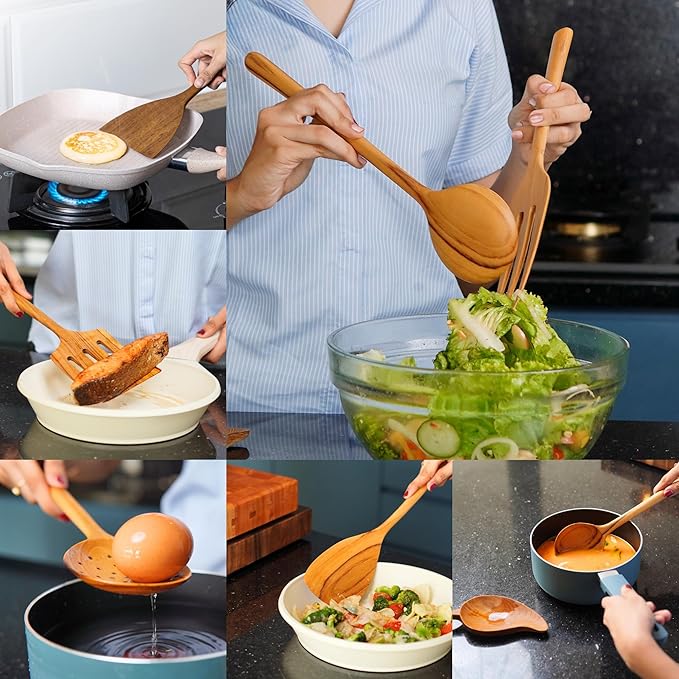 SHUMARU 11-Piece Handmade Teak Utensil Set – Premium Old Bali Teak Wooden Cooking Spoons & Spatulas, Eco-Friendly & Ergonomic Kitchen Tools Safe for Non-Stick Cookware