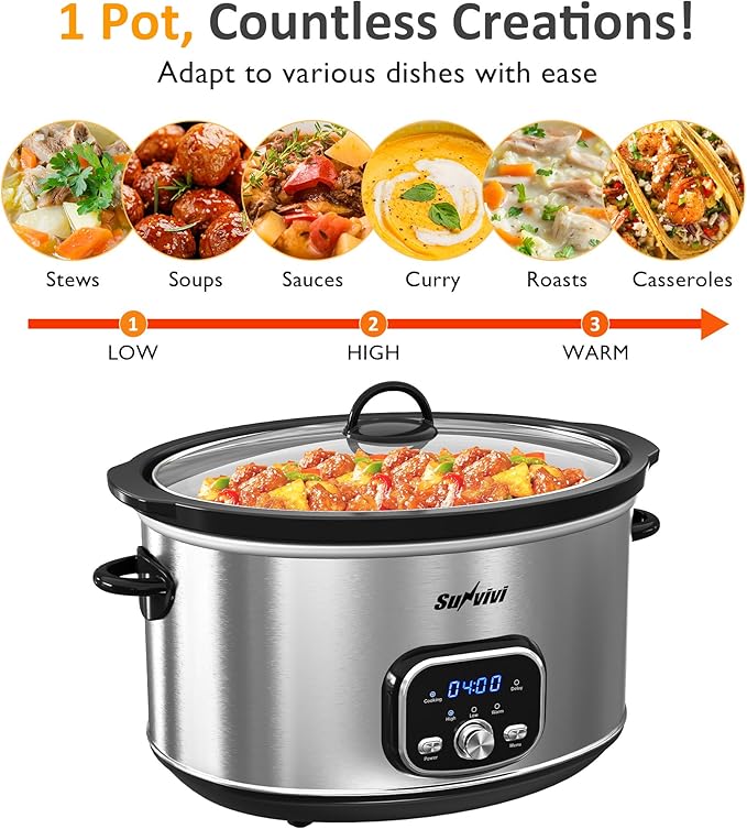 Sunvivi Slow cooker Pot 8.5 QT Programmable Stainless Steel Color : Multi-Cooker Food Warmer with Delay Function, Adjustable Tempature Control, Dishwasher Safe, Perfect for Families, Sliver