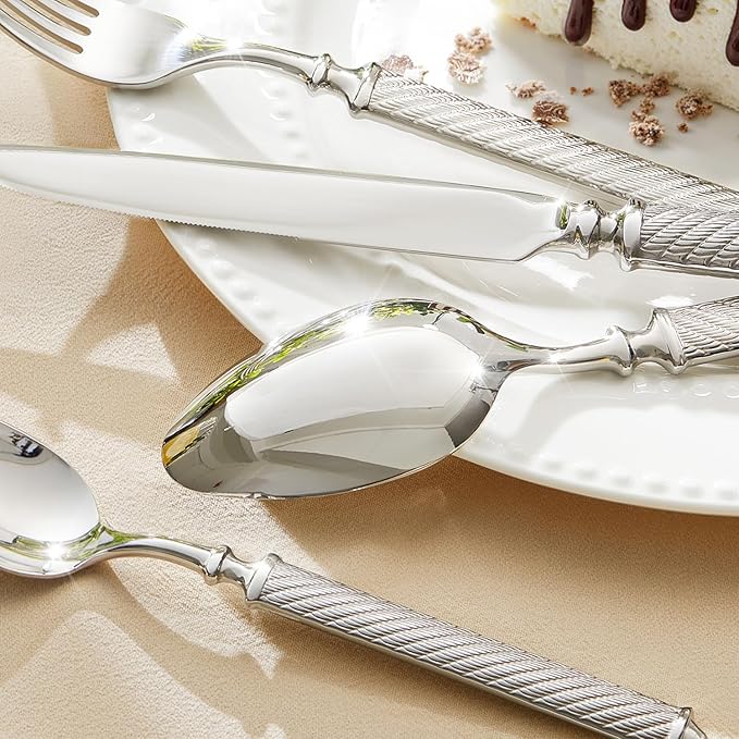 KINGSTONE Retro Rope-Pattern Silverware Set, 20-Piece Flatware Set Cutlery Set Forged with Handcrafted Texture Handles 18/10 Stainless Steel, Dishwasher Safe