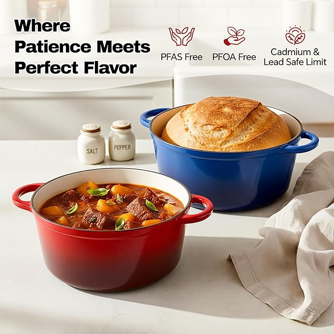6 Quart Dutch Oven Pot with Lid, Non Stick Enameled Cast Iron Dutch Oven for Bread Baking, Heavy-Duty, Oven Safe Ceramic Cookware Up to 500°F for Baking, Braising, Stews, Roasting, Red