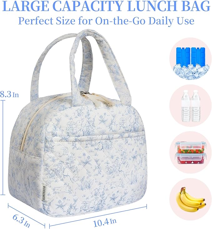 Quilted Lunch Box for Women,Lunch Box for Teen Girls,Cute Blue Rabbit Lunch Bags for Work, School,Office,Picnic,Travel (blue floral rabbit)