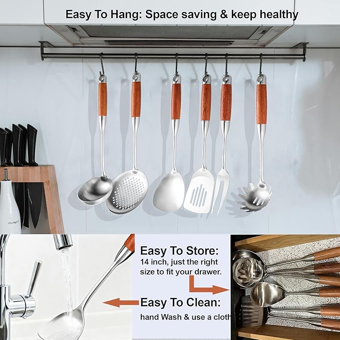 Kitchen Utensils Set Stainless Steel with Wooden Handle,Metal Cooking Utensils Set 12 PCS,Spatulas,Ladle,Skimmer,Tunners,Spaghetti Spoon,Fork,Potato Masher,Egg Whisk,Tongs