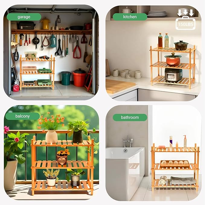 GOGOGO Expandable 3-Tier Bamboo Bathroom Shelf - 150LBS Heavy-Duty, Tool-Free Assembly, Multifunctional Storage for Bathroom/Kitchen/Office Holder Plant Flower Stand- Useful Home & Housewarming Gift