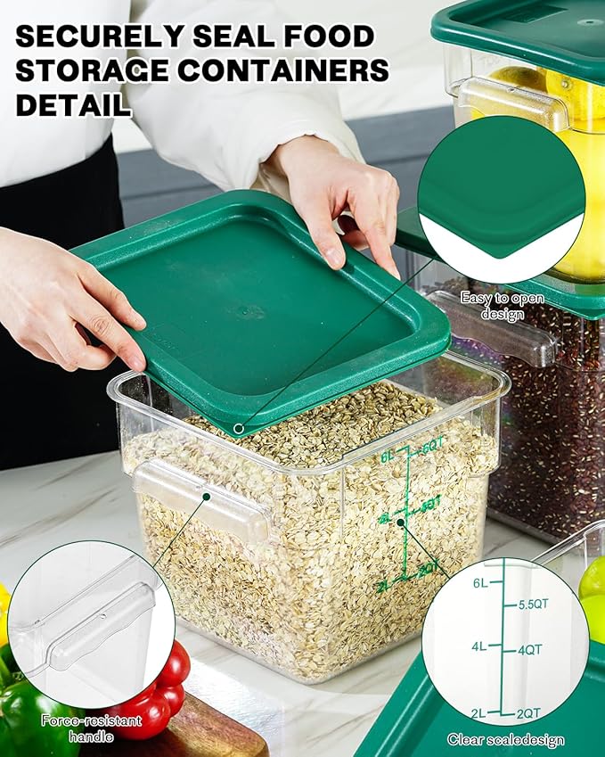 2QT NSF Food Storage Containers with Lids: 6 PCS [Total Food Grade][Hot&Cold Resistant] Commercial Clear Food Storage Containers for Restaurant Kitchen Proof Dough, Measuring Spoons Included(Green)