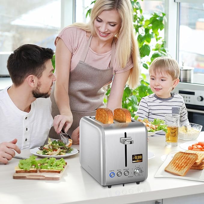 SEEDEEM 2 Slice Toaster - Stainless Steel With Color LCD Display, 7 Bread Shade Settings, 1.4'' Wide Slots, Bagel/Defrost/Reheat Functions, Removable Crumb Tray, 900W, Silver Metallic