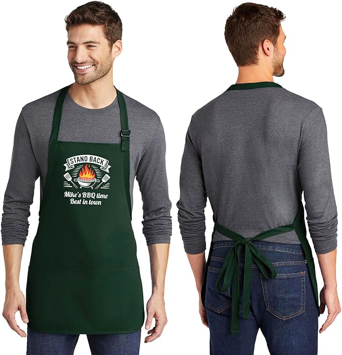 Personalized Medium Length Cooking & Grill Apron – Stand Back Design with Custom Text (1-2 Lines)
