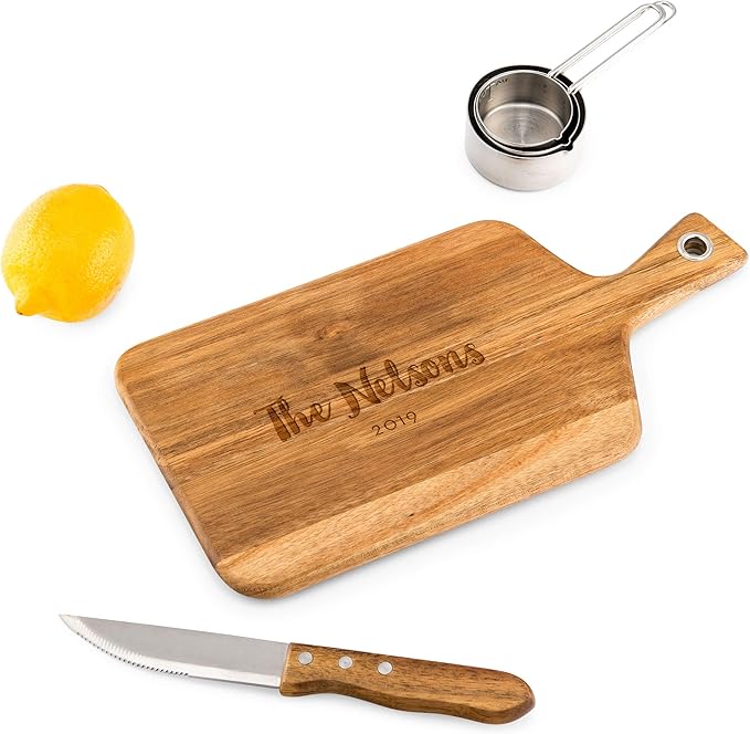Weddingstar Personalized Wooden Paddle Cutting Board or Serving Board With Handle 13.5" x 6.5" - Retro Script Etching