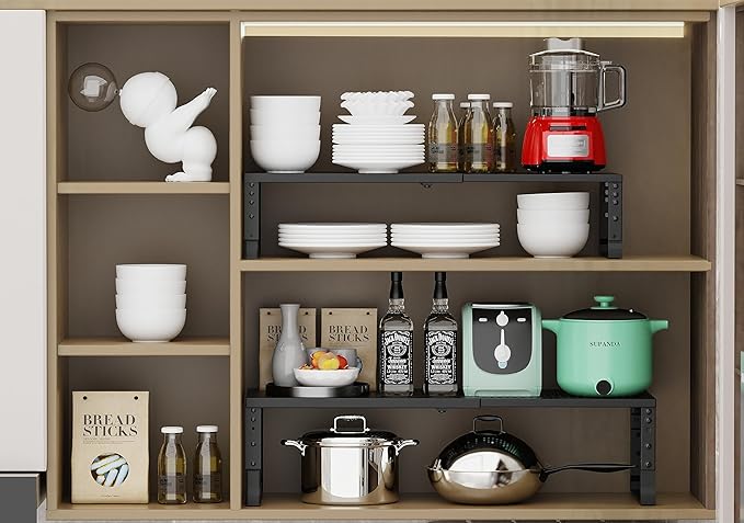 Expandable Adjustable Stackable Kitchen Organizer, Spice Rack,Metal Pantry Storage Shelves Racks,Counter Shelf for Cabinets, Countertop, Cupboard(1 Pack/Large/Black)