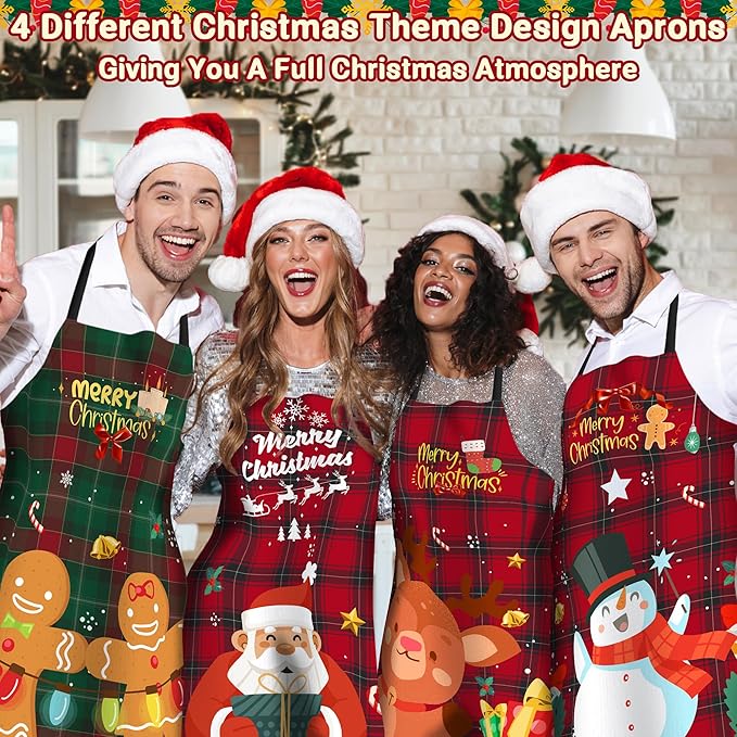 4 Pack Plus Size Funny Christmas Kitchen Aprons for Women Men Adjustable Cooking Chef Aprons Waterproof Bib Aprons Cute Xmas Party Aprons Gift for Bakers Wife Husband Family, Plaid