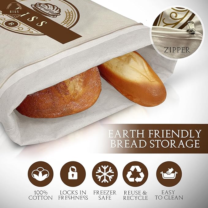 BISS Bread Storage Bags for Homemade Bread – 2-Pack XL Cotton Sourdough Bags, Reusable, Freezer Safe – Perfect for Artisan Loaves, Sandwich Storage, Bake Sales, and Fresh Loaf Preservation