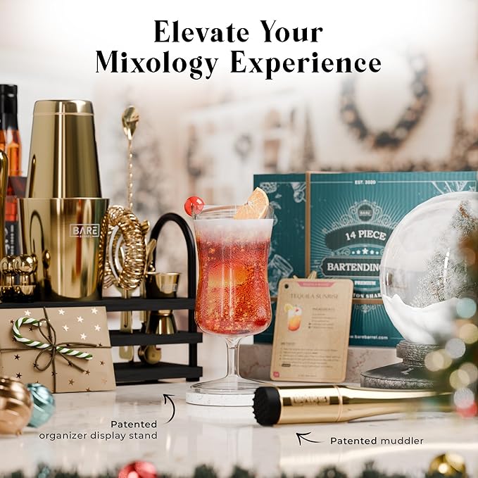 BARE BARREL® Mixology Bartender Kit Bar Set | 14-Piece Cocktail Shaker Set | Martini Barware Mixing Tools for Home Bartending | 35 Recipe Cards | Gift Set (28oz Boston Shaker, Gold/Black)