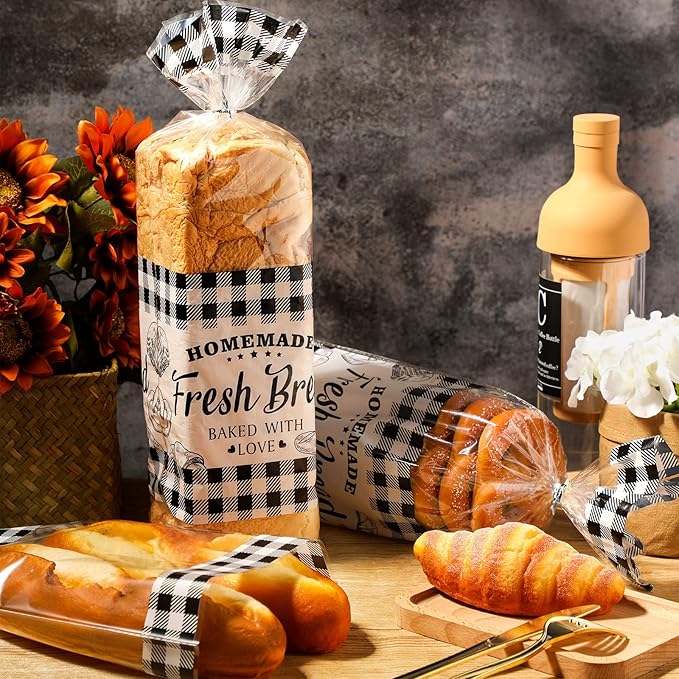 Sabary 100 Pcs Homemade Bread Bags with Ties Black Buffalo Plaid Bread Loaf Bags Plastic Clear Gift Storage for Home Bakers Bakery Christmas, 10 x 20 Inch
