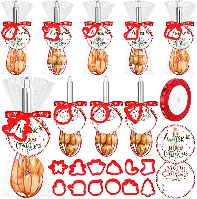 12 Sets Christmas Whisk Gifts Include 10 Inch Stainless Steel Silicone Whisk Xmas Hollow Molds Greeting Cards Ribbons for Neighbor Family Friends Baking Cooking Enthusiast Supplies